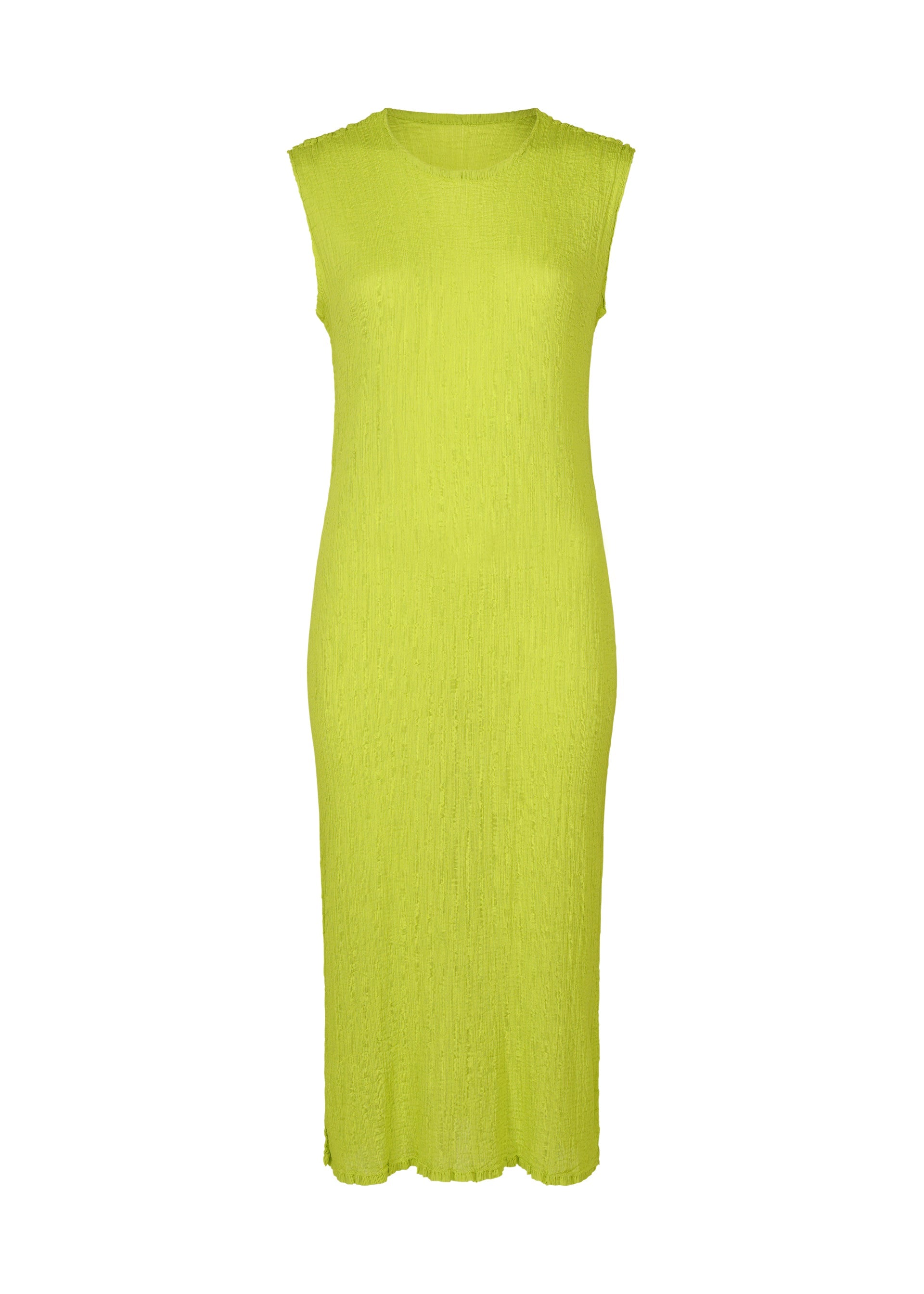Zoomed view The SEE-THROUGH CREPE COLOR by me ISSEY MIYAKE is a sleeveless lime green ribbed-knit midi dress with a crew neck and straight silhouette, crafted from high-twist thread and shown on a plain white background. - LIME YELLOW （no.51）