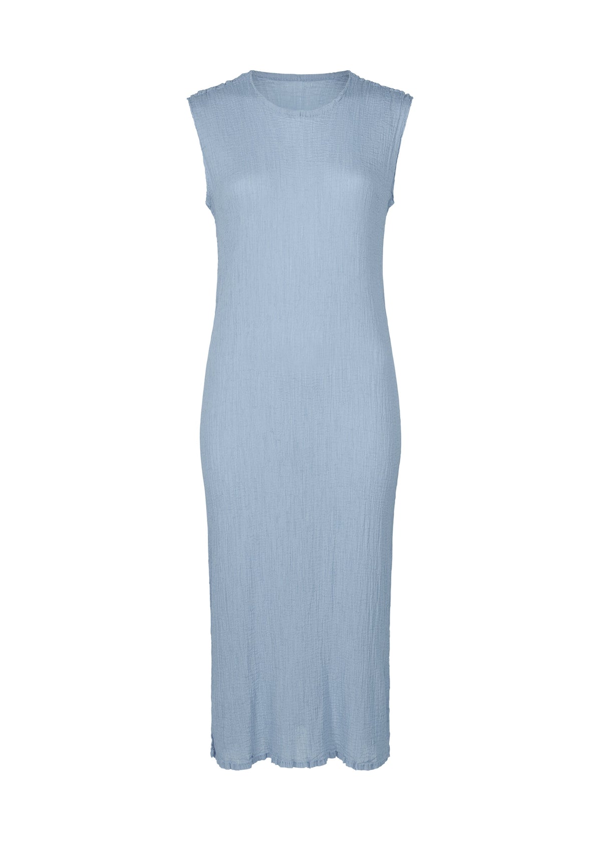 The SEE-THROUGH CREPE COLOR by me ISSEY MIYAKE is a sleeveless light blue midi dress featuring a round neckline, subtle textured finish from high-twist thread, straight relaxed fit, and a slightly wavy hem. view 3 of 8