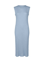 The SEE-THROUGH CREPE COLOR by me ISSEY MIYAKE is a sleeveless light blue midi dress featuring a round neckline, subtle textured finish from high-twist thread, straight relaxed fit, and a slightly wavy hem. - FOGGY BLUE （no.71）