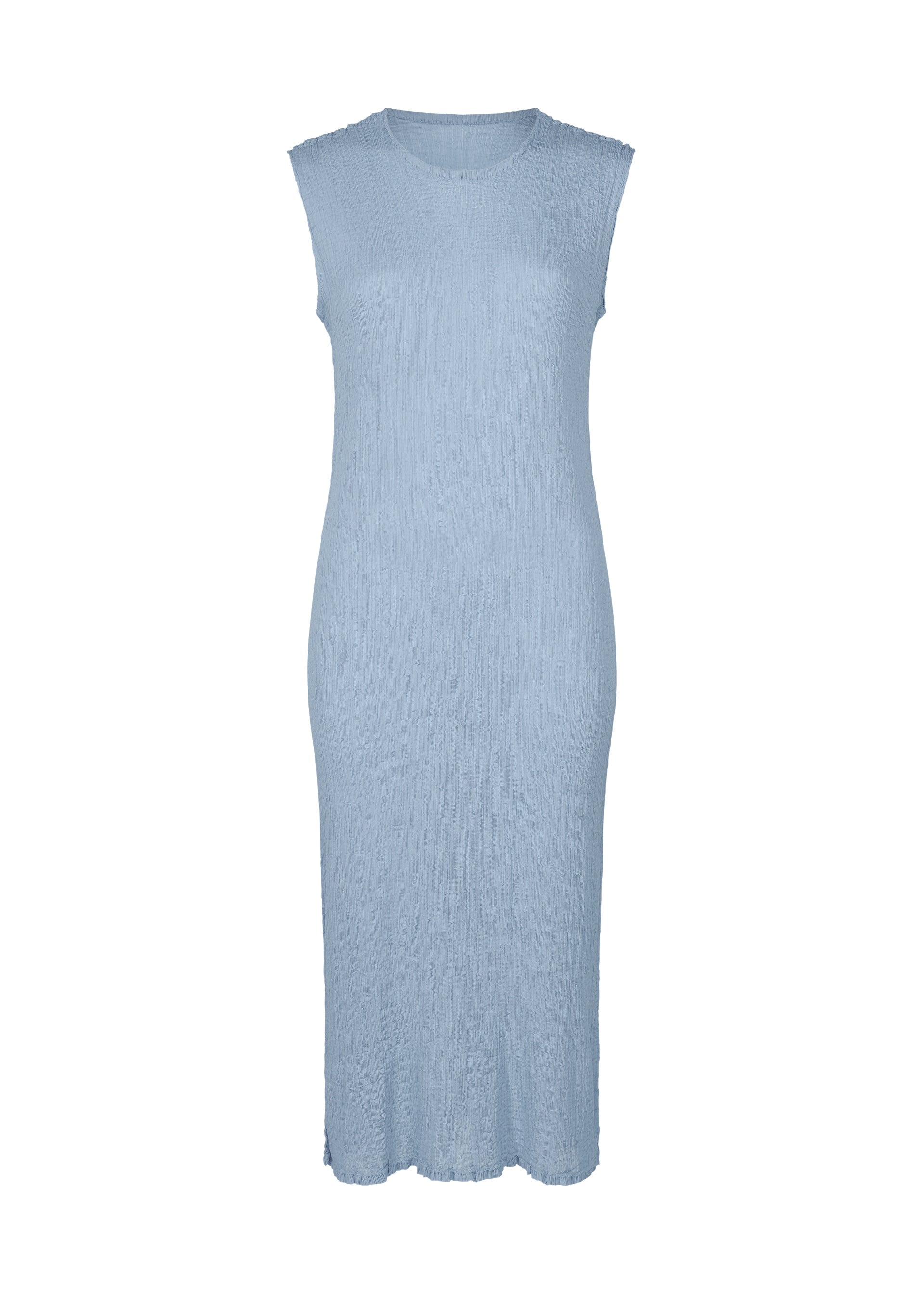 Zoomed view The SEE-THROUGH CREPE COLOR by me ISSEY MIYAKE is a sleeveless light blue midi dress featuring a round neckline, subtle textured finish from high-twist thread, straight relaxed fit, and a slightly wavy hem. - FOGGY BLUE （no.71）