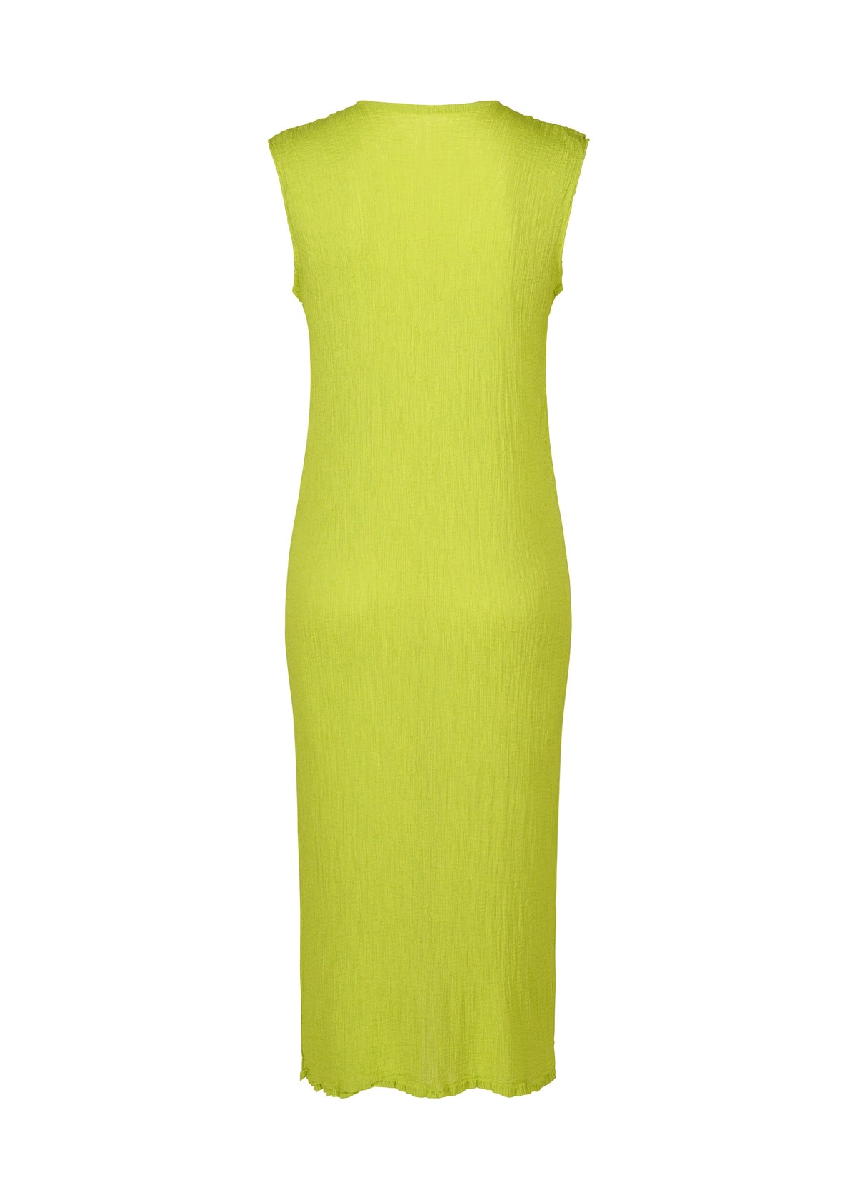 Back view of the me ISSEY MIYAKE SEE-THROUGH CREPE COLOR dress in sleeveless, lime green, midi-length with textured fabric and simple straight silhouette, displayed against a plain white background. view 4 of 8