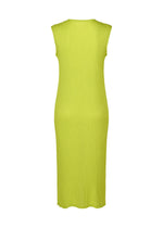 Back view of the me ISSEY MIYAKE SEE-THROUGH CREPE COLOR dress in sleeveless, lime green, midi-length with textured fabric and simple straight silhouette, displayed against a plain white background.