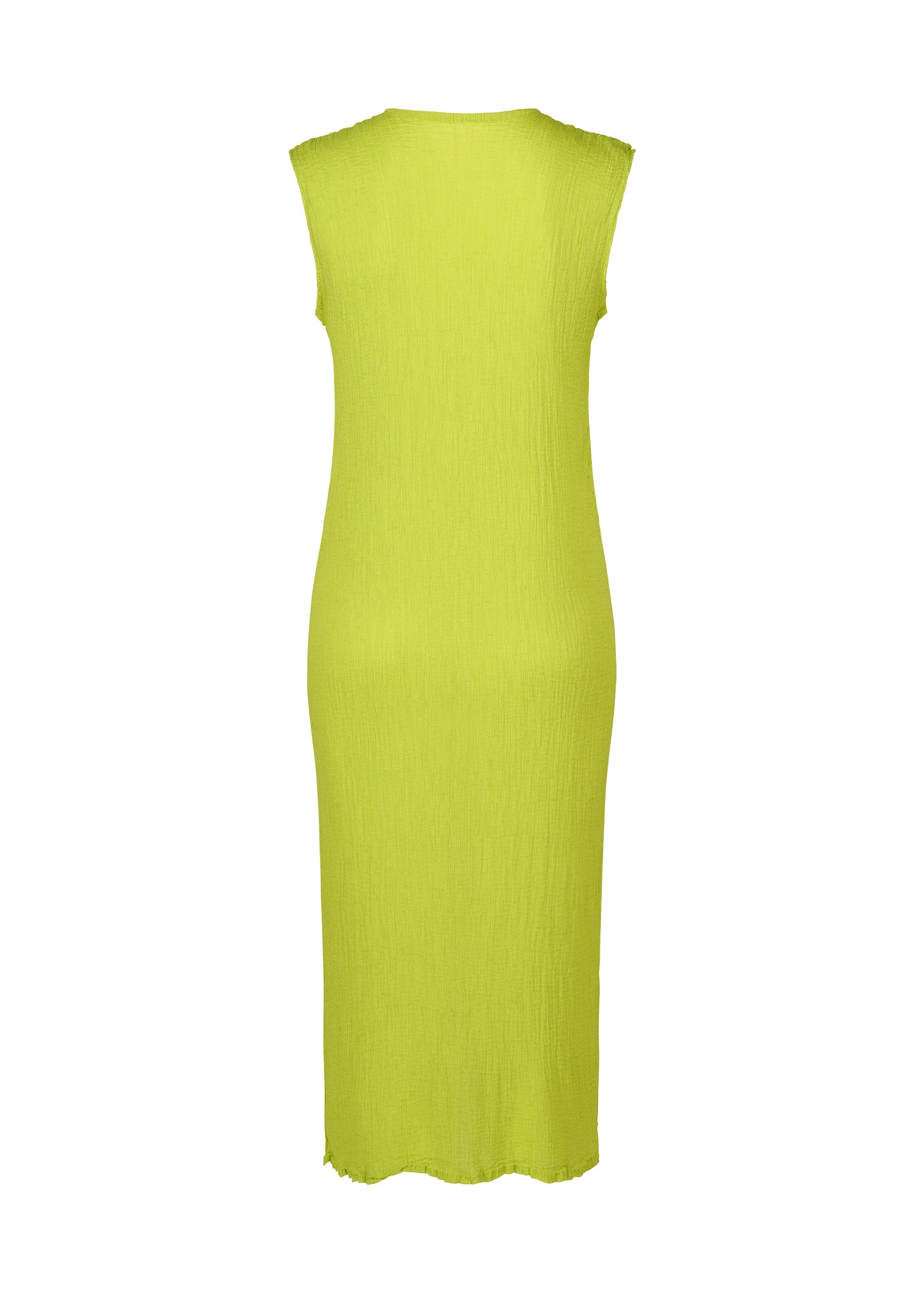 Zoomed view Back view of the me ISSEY MIYAKE SEE-THROUGH CREPE COLOR dress in sleeveless, lime green, midi-length with textured fabric and simple straight silhouette, displayed against a plain white background.
