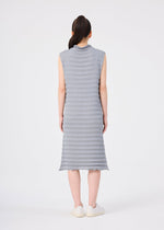 A person with long dark hair in a ponytail is seen from behind, wearing the me ISSEY MIYAKE ACCORDION SEE-THROUGH CREPE sleeveless, knee-length textured gray dress made from garment-dyed fabric, paired with white shoes, standing against a plain white background.