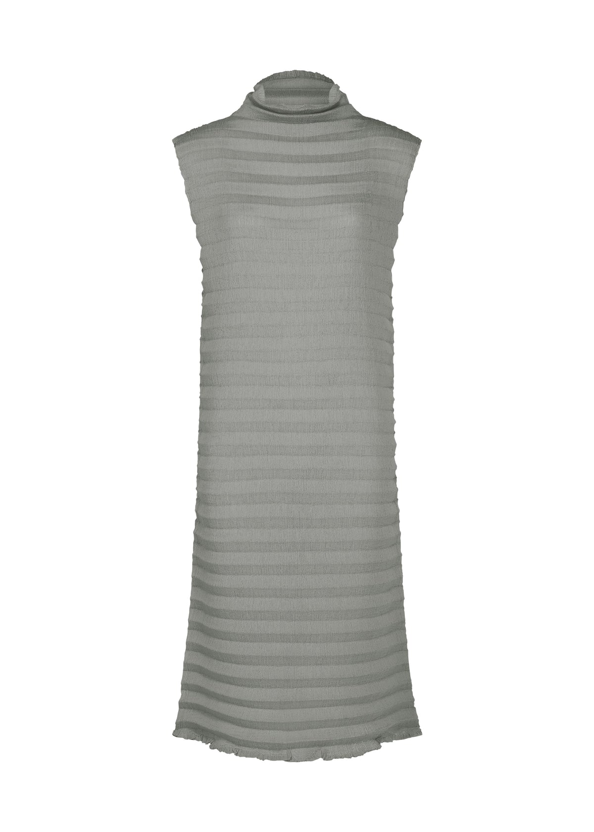 Sleeveless, knee-length ACCORDION SEE-THROUGH CREPE dress by me ISSEY MIYAKE in light gray garment-dyed fabric featuring horizontal sheer stripes, a high neckline, and a straight, loose fit. The hem, armholes, and neck are finished with soft, unfinished edges. view 1 of 6