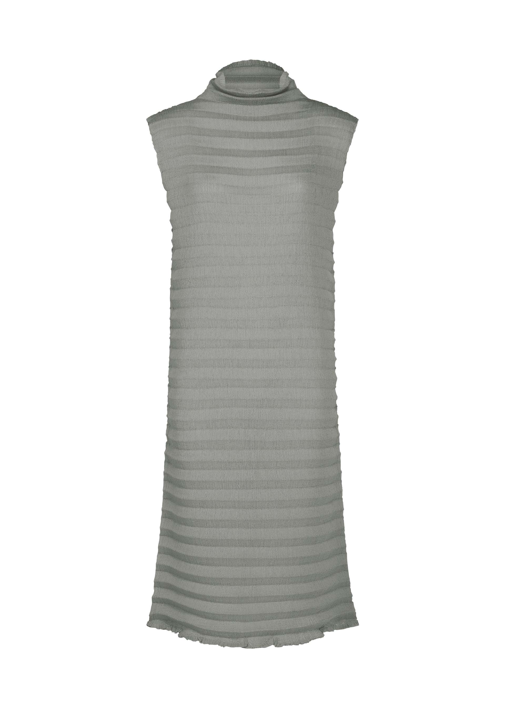 Zoomed view Sleeveless, knee-length ACCORDION SEE-THROUGH CREPE dress by me ISSEY MIYAKE in light gray garment-dyed fabric featuring horizontal sheer stripes, a high neckline, and a straight, loose fit. The hem, armholes, and neck are finished with soft, unfinished edges. - GRAY （no.12）