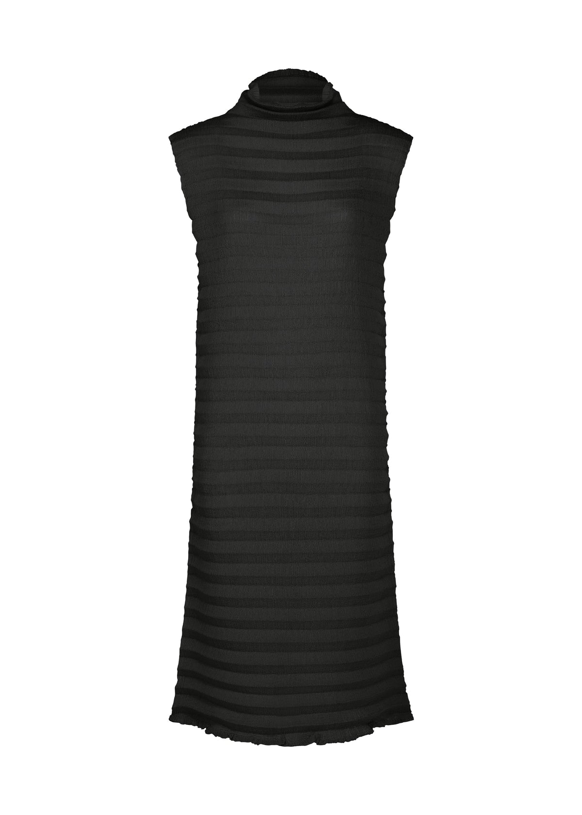 The ACCORDION SEE-THROUGH CREPE by me ISSEY MIYAKE is a sleeveless black dress featuring a high neckline and a sheer, textured horizontal stripe pattern. Crafted from garment-dyed fabric, this dress falls just above the knee and showcases a simple, straight silhouette. view 2 of 6