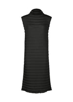 The ACCORDION SEE-THROUGH CREPE by me ISSEY MIYAKE is a sleeveless black dress featuring a high neckline and a sheer, textured horizontal stripe pattern. Crafted from garment-dyed fabric, this dress falls just above the knee and showcases a simple, straight silhouette. - BLACK （no.15）