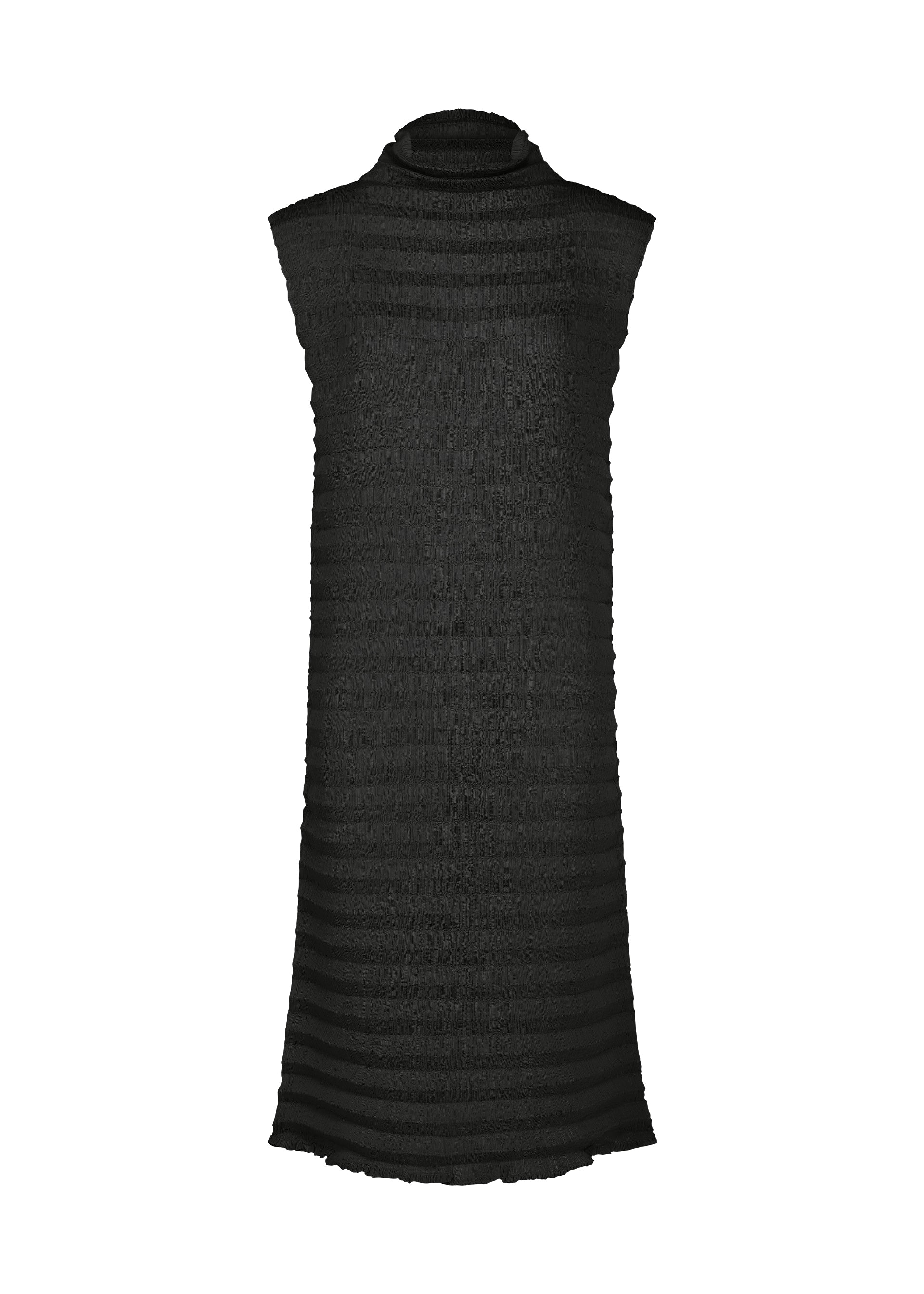 Zoomed view The ACCORDION SEE-THROUGH CREPE by me ISSEY MIYAKE is a sleeveless black dress featuring a high neckline and a sheer, textured horizontal stripe pattern. Crafted from garment-dyed fabric, this dress falls just above the knee and showcases a simple, straight silhouette. - BLACK （no.15）