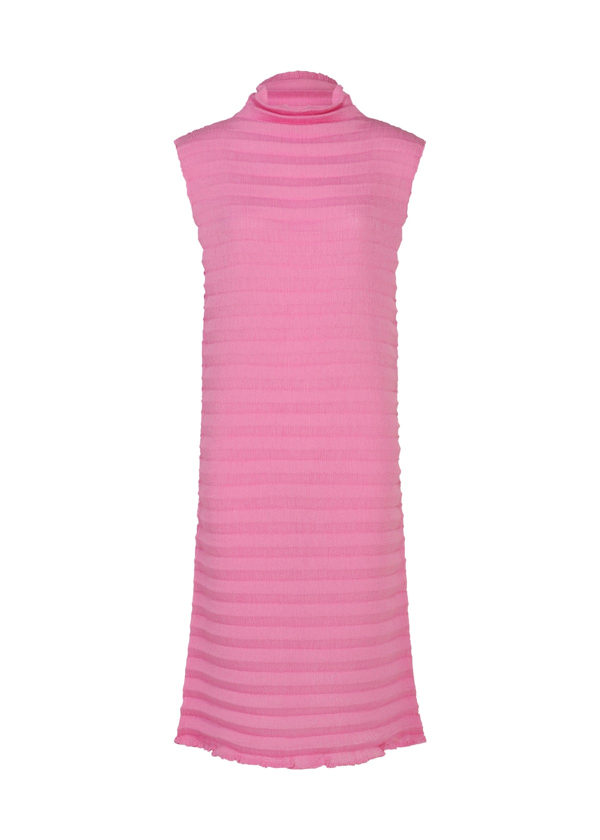 The ACCORDION SEE-THROUGH CREPE dress by me ISSEY MIYAKE is a sleeveless, knee-length pink piece featuring a high neckline and horizontal textured stripes. Crafted from garment-dyed crepe, the lightweight material is slightly sheer, lending the dress a soft and airy appearance. view 3 of 6