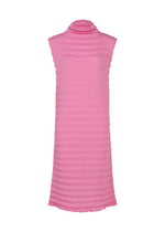 The ACCORDION SEE-THROUGH CREPE dress by me ISSEY MIYAKE is a sleeveless, knee-length pink piece featuring a high neckline and horizontal textured stripes. Crafted from garment-dyed crepe, the lightweight material is slightly sheer, lending the dress a soft and airy appearance. - ROSE PINK （no.20）
