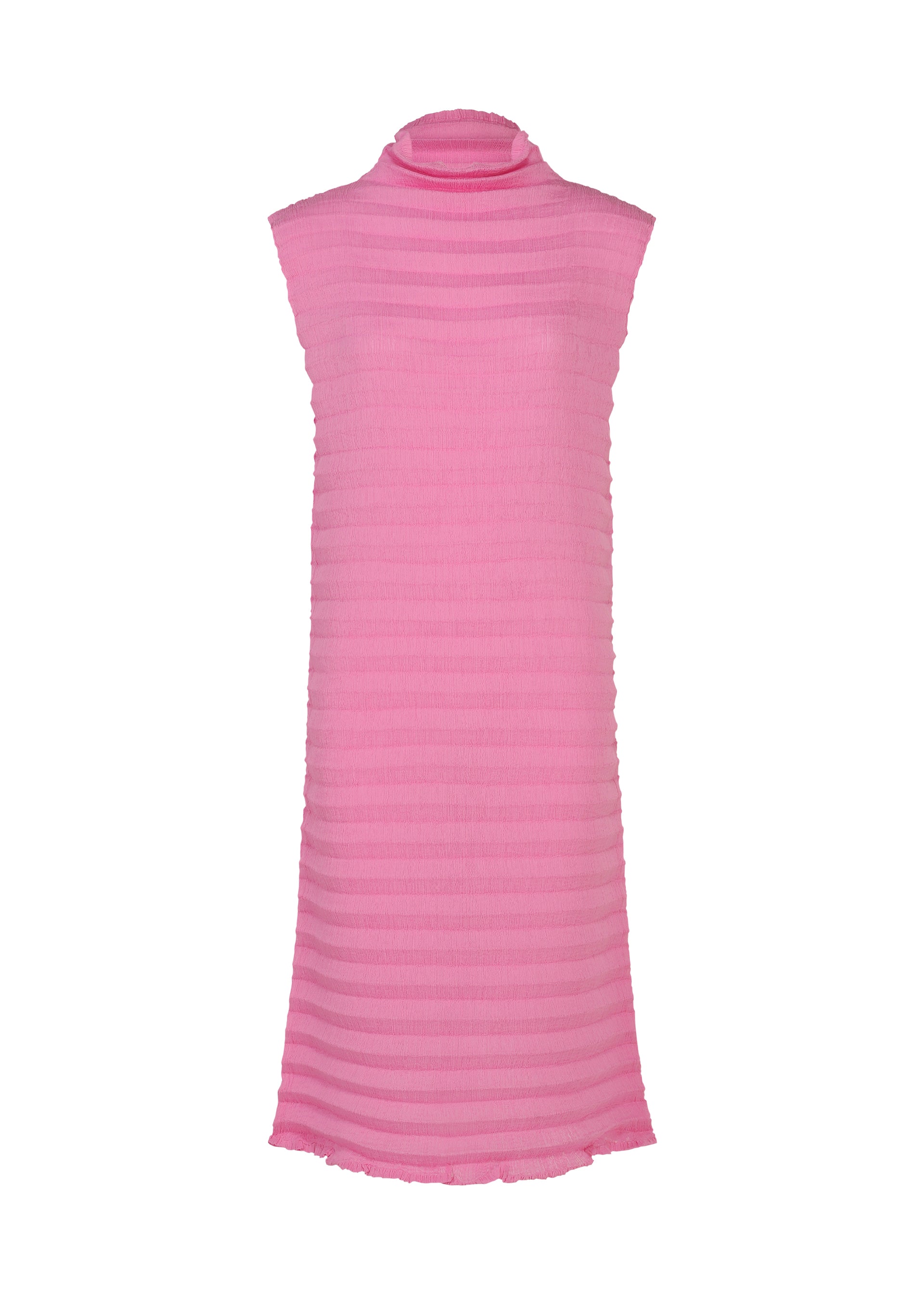 Zoomed view The ACCORDION SEE-THROUGH CREPE dress by me ISSEY MIYAKE is a sleeveless, knee-length pink piece featuring a high neckline and horizontal textured stripes. Crafted from garment-dyed crepe, the lightweight material is slightly sheer, lending the dress a soft and airy appearance. - ROSE PINK （no.20）