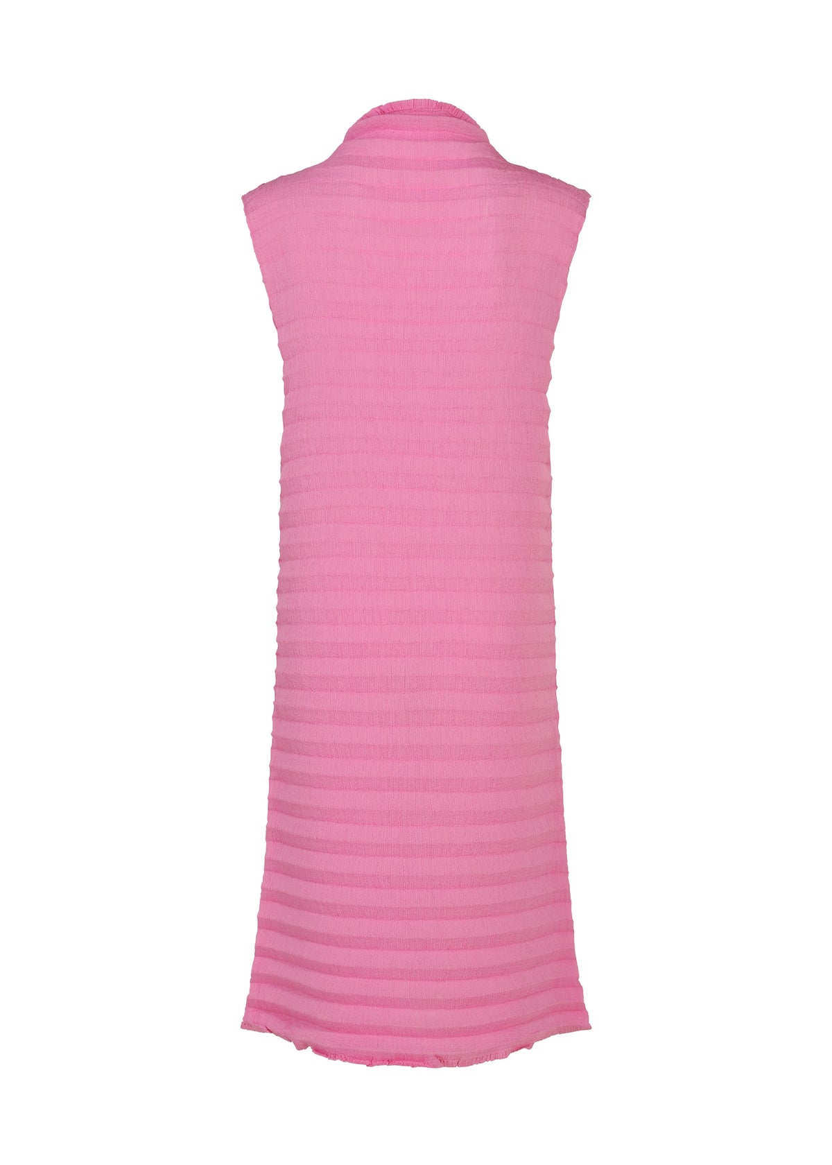 Sleeveless, knee-length pink ACCORDION SEE-THROUGH CREPE dress by me ISSEY MIYAKE, featuring a textured horizontal ribbed pattern and crafted from garment-dyed fabric, shown from the back against a plain white background. view 4 of 6
