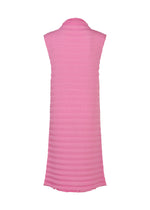 Sleeveless, knee-length pink ACCORDION SEE-THROUGH CREPE dress by me ISSEY MIYAKE, featuring a textured horizontal ribbed pattern and crafted from garment-dyed fabric, shown from the back against a plain white background.