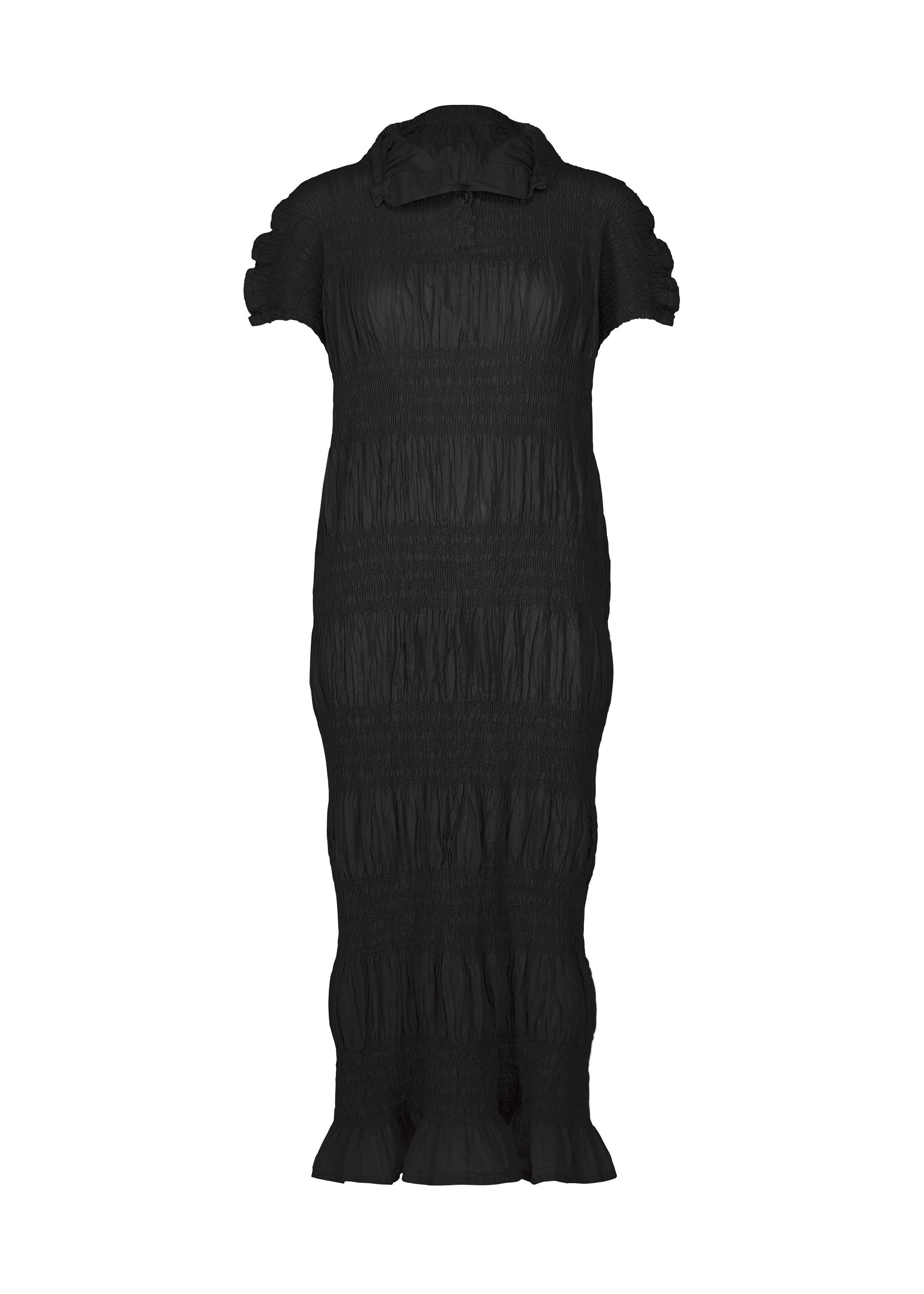 Zoomed view Discover the SHRINK STRIPE dress from me ISSEY MIYAKE: a black, ankle-length dress featuring short, slightly puffed sleeves and a high neckline with a small collar. Crafted from soft, ruched textured cotton-blend fabric for a fitted silhouette, this versatile piece delivers both comfort and style for any occasion. - BLACK （no.15）