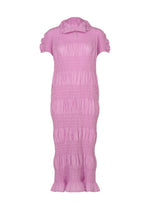 A pink, ankle-length SHRINK STRIPE dress from me ISSEY MIYAKE, crafted from a cotton-blend fabric with short sleeves, a high neckline, and an all-over ruched textured design. Finished with subtly ruffled hems and sleeves. - ROSE PINK （no.20）