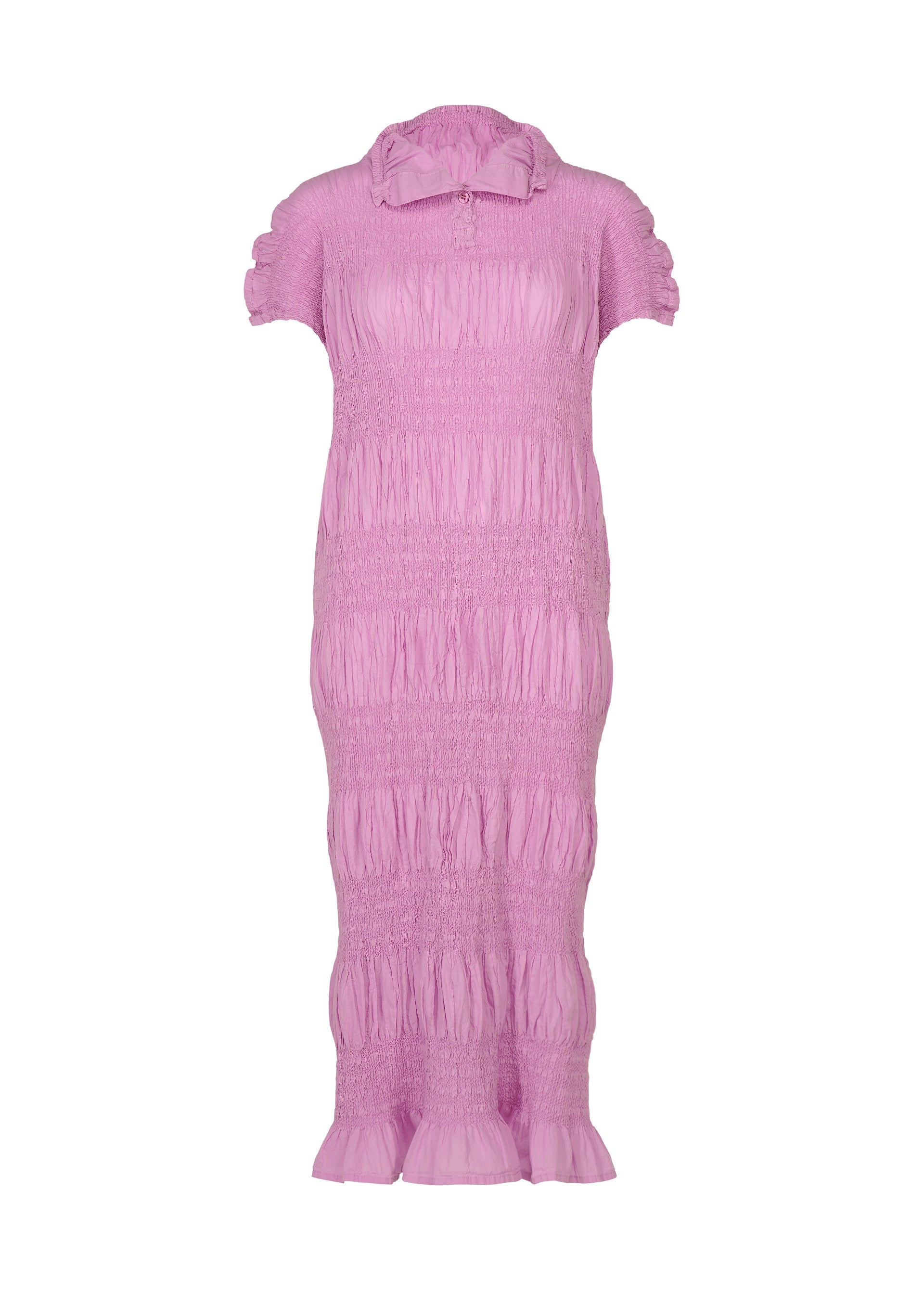 Zoomed view A pink, ankle-length SHRINK STRIPE dress from me ISSEY MIYAKE, crafted from a cotton-blend fabric with short sleeves, a high neckline, and an all-over ruched textured design. Finished with subtly ruffled hems and sleeves. - ROSE PINK （no.20）