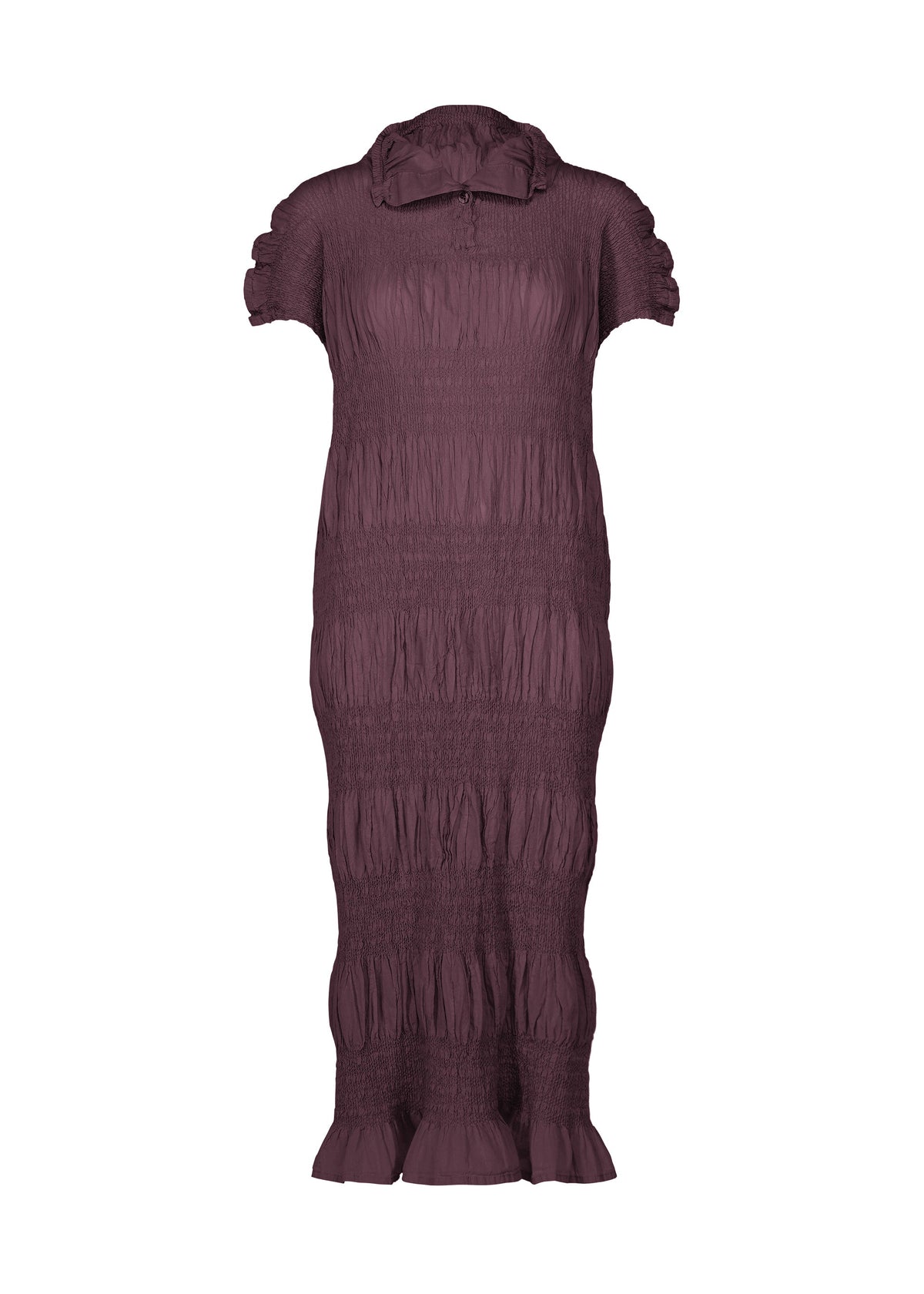 A long, short-sleeve dress in a plum hue from me ISSEY MIYAKE, the SHRINK STRIPE features a high collar, ruched textured cotton-blend fabric, and ruffled accents at the sleeves and hem. view 3 of 6