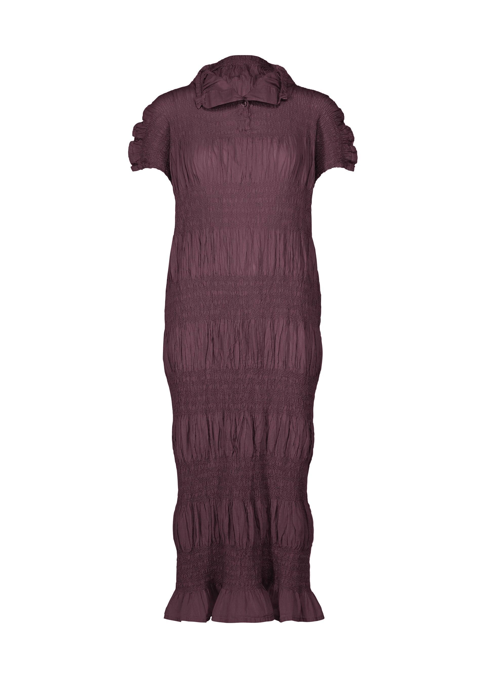 Zoomed view A long, short-sleeve dress in a plum hue from me ISSEY MIYAKE, the SHRINK STRIPE features a high collar, ruched textured cotton-blend fabric, and ruffled accents at the sleeves and hem. - BORDEAUX （no.84）