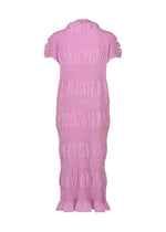 A long, light purple SHRINK STRIPE dress by me ISSEY MIYAKE, crafted from a cotton-blend fabric with short ruffled sleeves, a fitted ruched texture, and a flared hem. The dress is displayed on a plain white background.