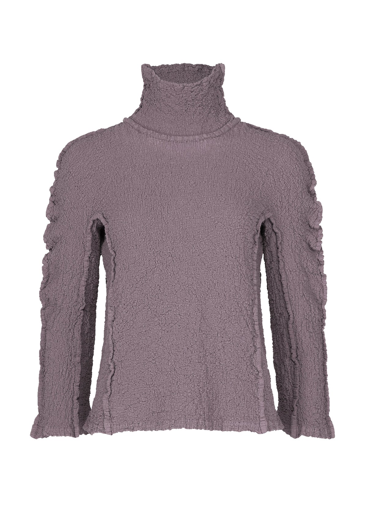 The ROUND CAULIFLOWER by me ISSEY MIYAKE is a mauve, textured cotton long-sleeve turtleneck with ruffled details and stretch pleats on the sleeves, shown against a white background. view 1 of 7