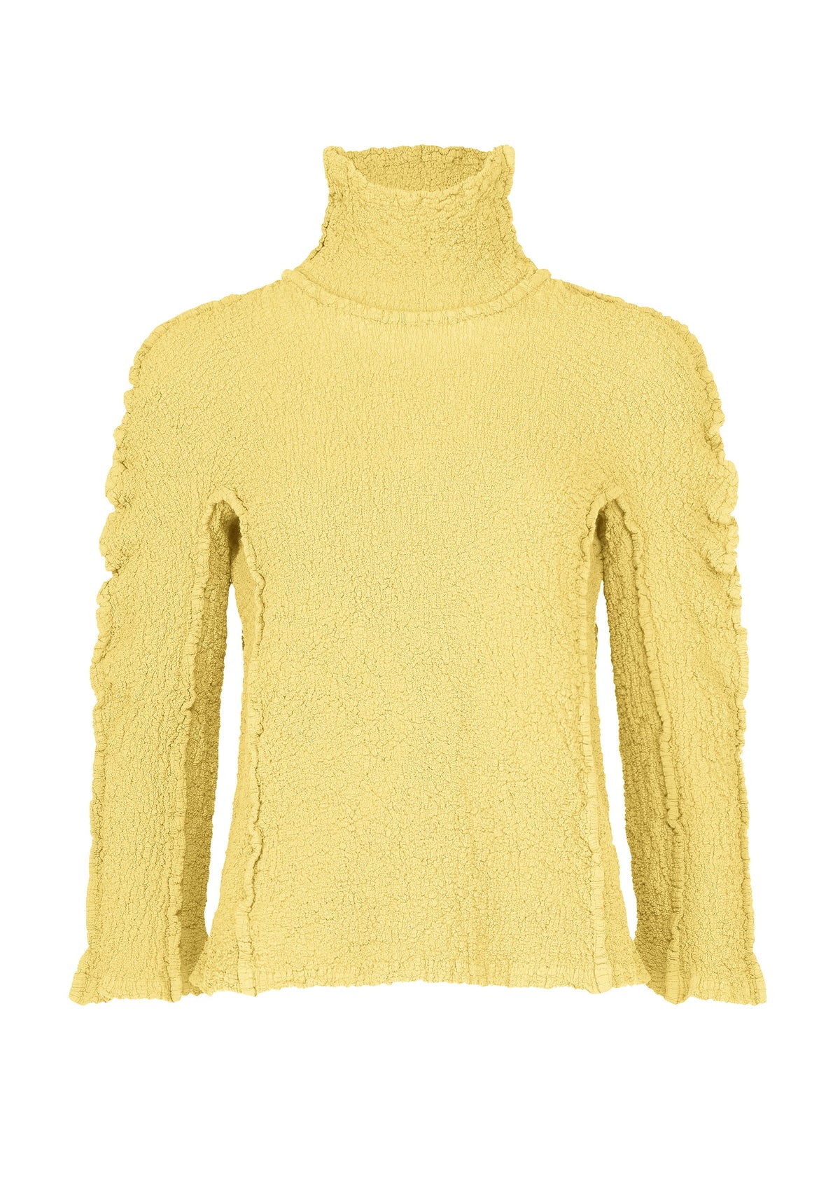 The ROUND CAULIFLOWER by me ISSEY MIYAKE is a yellow textured turtleneck cotton sweater with ruffled arm details and stretch pleats, shown against a white background. view 2 of 7