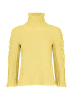 The ROUND CAULIFLOWER by me ISSEY MIYAKE is a yellow textured turtleneck cotton sweater with ruffled arm details and stretch pleats, shown against a white background. - CREAM YELLOW （no.50）