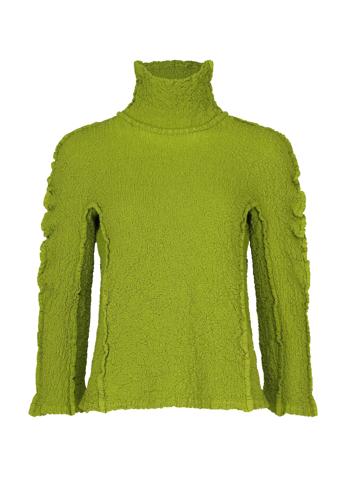 The ROUND CAULIFLOWER by me ISSEY MIYAKE is a bright green textured turtleneck sweater with long sleeves and ruffle detailing along the shoulders and arms, shown on a white background. view 3 of 7
