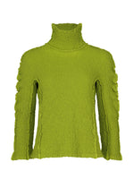 The ROUND CAULIFLOWER by me ISSEY MIYAKE is a bright green textured turtleneck sweater with long sleeves and ruffle detailing along the shoulders and arms, shown on a white background. - LEAF GREEN （no.60）