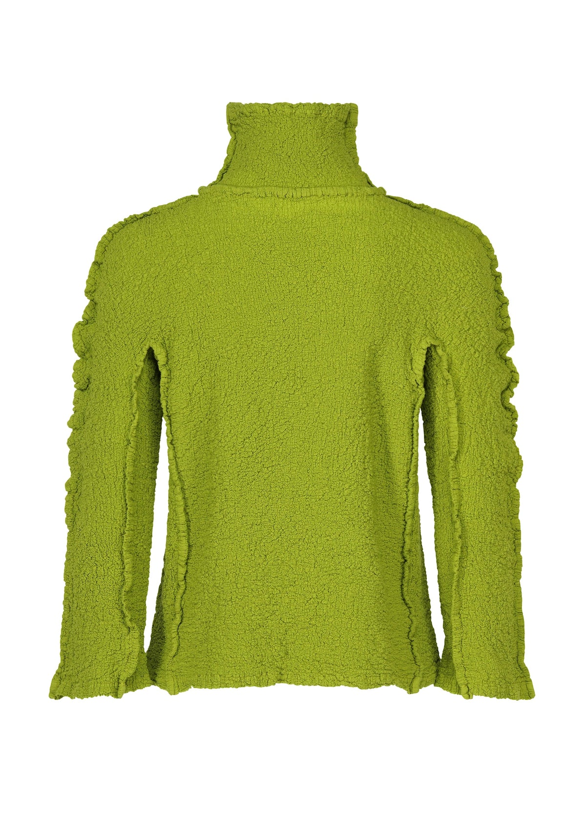 The ROUND CAULIFLOWER by me ISSEY MIYAKE is a bright green, textured cotton long-sleeve turtleneck sweater with ruffled details and stretch pleats, shown from the back against a white background. view 4 of 7