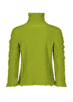 The ROUND CAULIFLOWER by me ISSEY MIYAKE is a bright green, textured cotton long-sleeve turtleneck sweater with ruffled details and stretch pleats, shown from the back against a white background.
