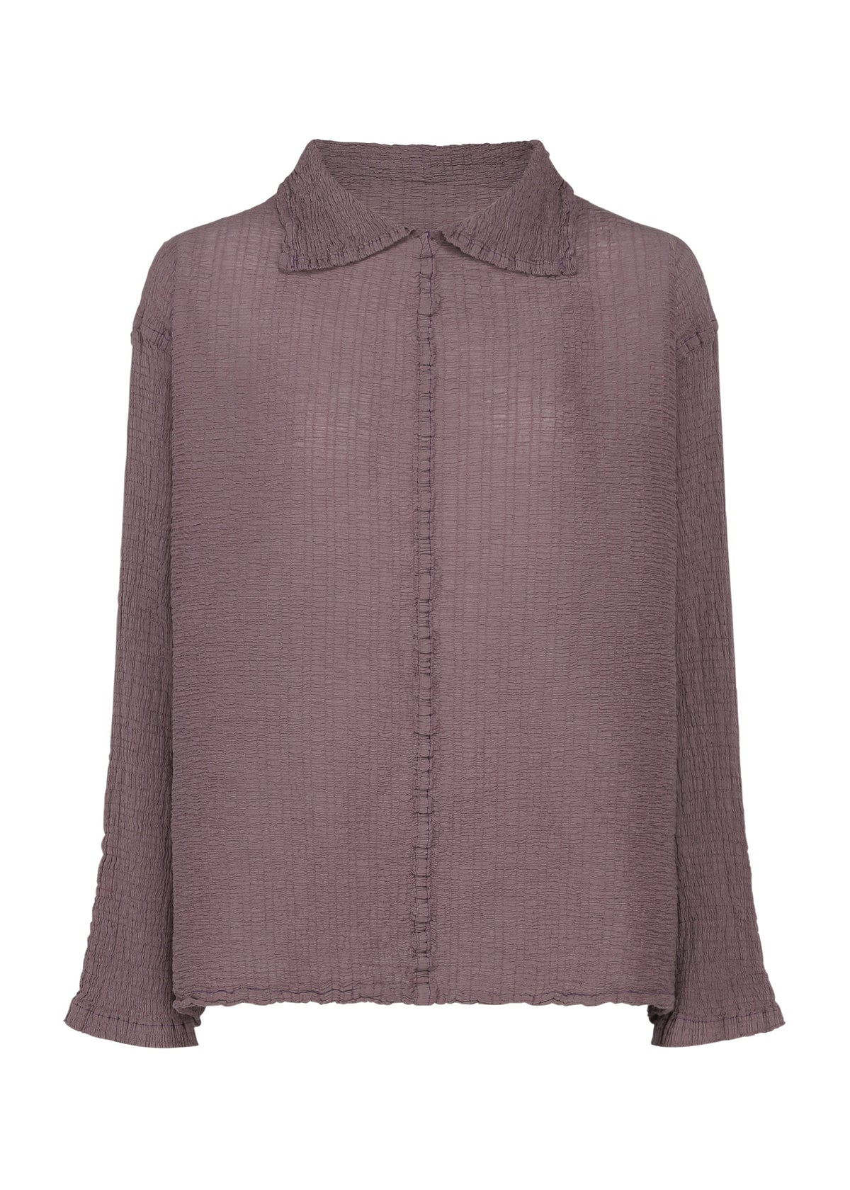 Zoomed view The POLYCOTTON CREPE by me ISSEY MIYAKE is a long-sleeve, textured mauve blouse with a pointed collar and hidden front button placket, crafted from cotton and polyester. - TAUPE （no.13）