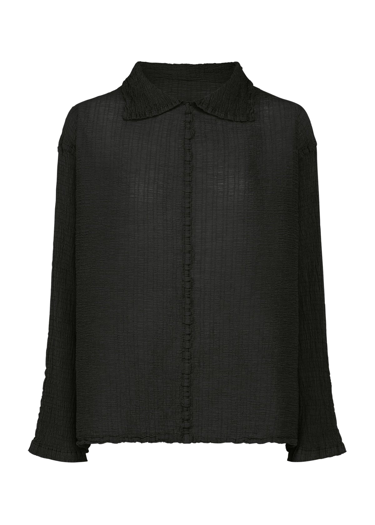 The POLYCOTTON CREPE by me ISSEY MIYAKE is a long-sleeve black blouse with a subtle vertical stripe, soft collar, front button closure, and loose fit in cotton-polyester crepe. view 2 of 8