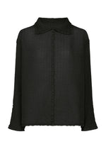 The POLYCOTTON CREPE by me ISSEY MIYAKE is a long-sleeve black blouse with a subtle vertical stripe, soft collar, front button closure, and loose fit in cotton-polyester crepe. - BLACK （no.15）