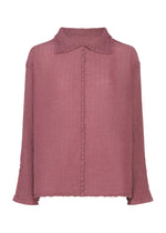 The me ISSEY MIYAKE POLYCOTTON CREPE is a mauve, long-sleeved top with a collar, hidden buttons, and hip-length hem. Garment-dyed cotton/polyester blend creates its signature crinkled texture. - SMOKY PINK （no.21）