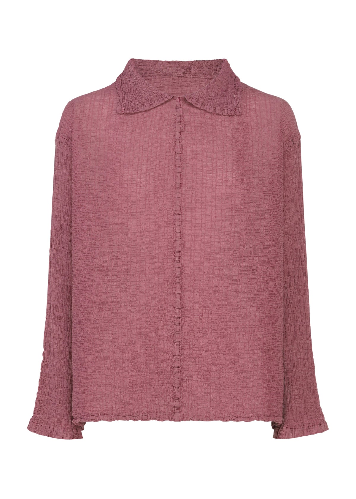 Zoomed view The me ISSEY MIYAKE POLYCOTTON CREPE is a mauve, long-sleeved top with a collar, hidden buttons, and hip-length hem. Garment-dyed cotton/polyester blend creates its signature crinkled texture. - SMOKY PINK （no.21）