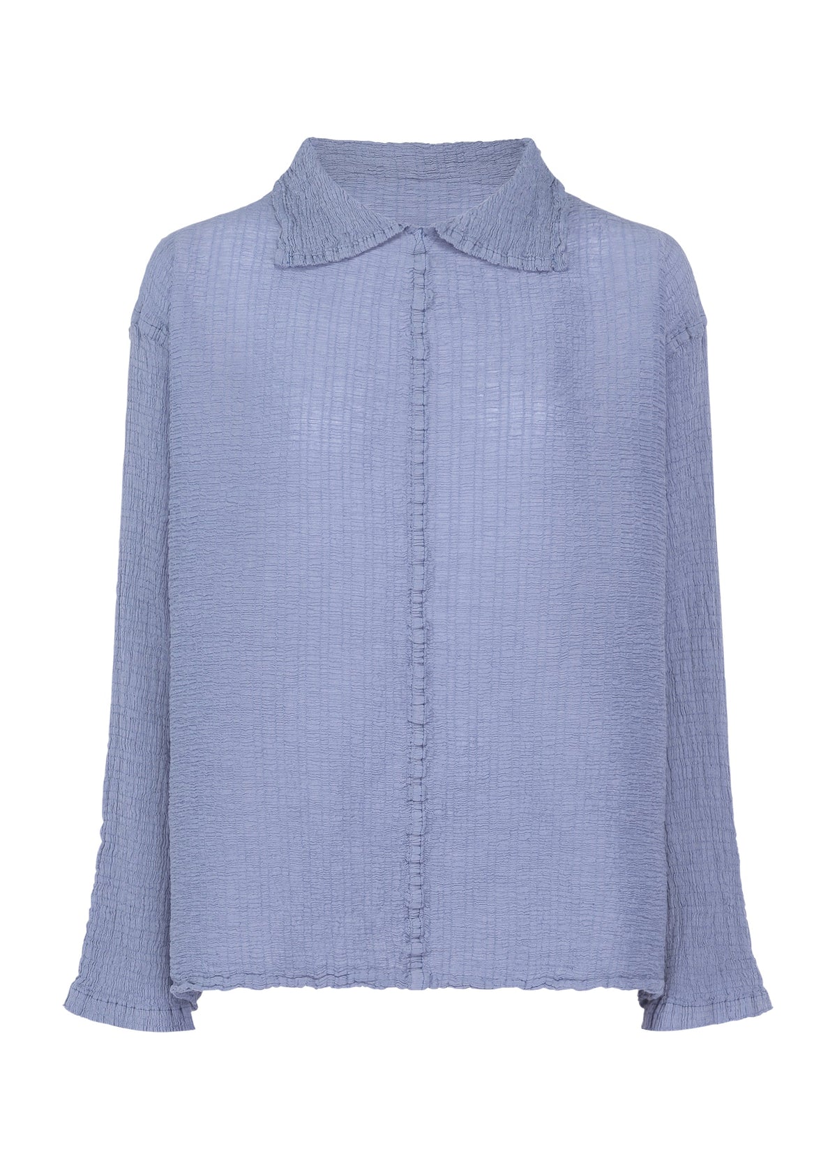 The POLYCOTTON CREPE by me ISSEY MIYAKE is a light purple, long-sleeved, cotton-polyester top with garment dyeing, crinkled texture, button-up front, and classic collar—shown on a plain white background. view 4 of 8