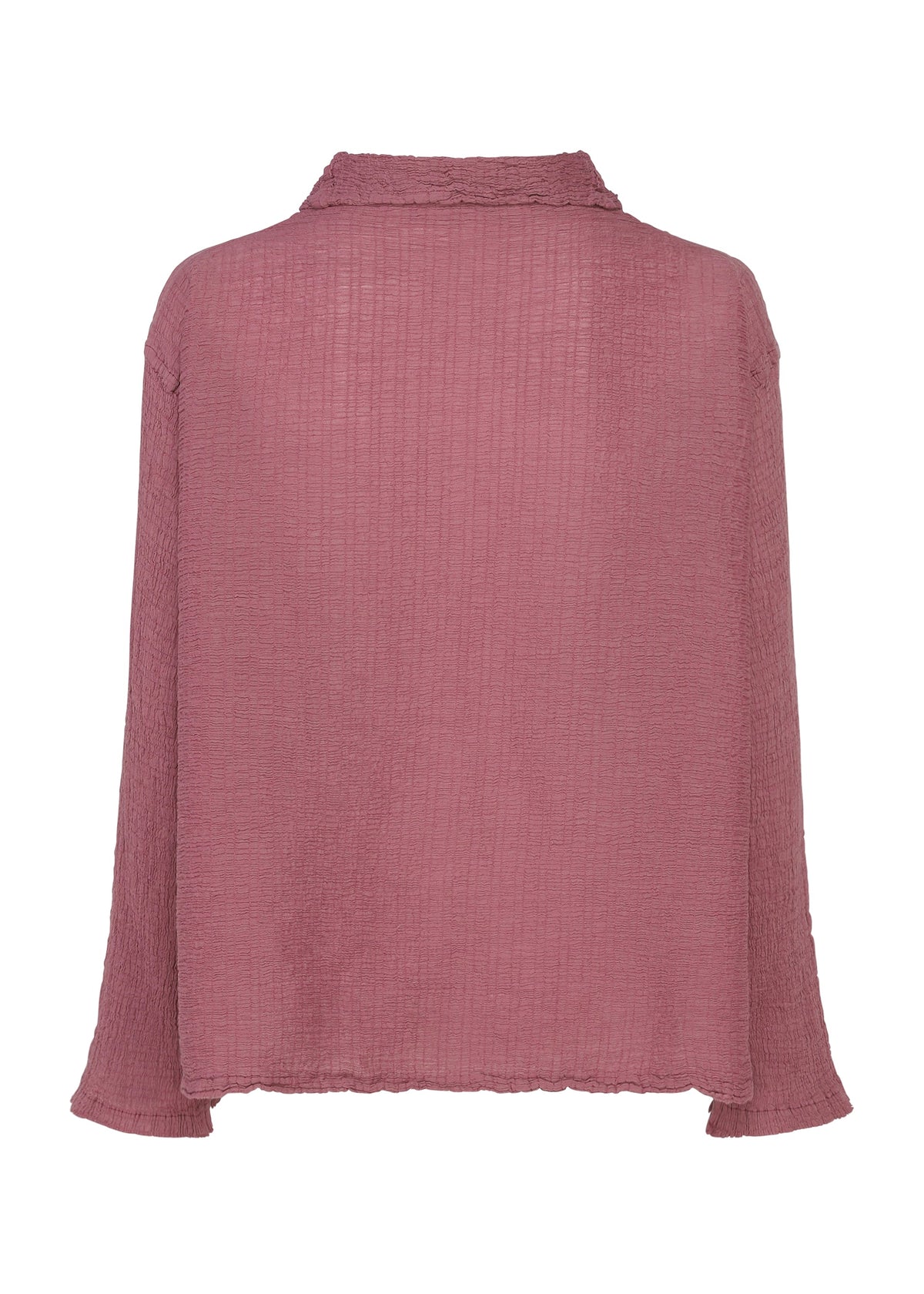 Zoomed view The POLYCOTTON CREPE by me ISSEY MIYAKE is a mauve, long-sleeved top with a small collar, made from a cotton-polyester blend and garment-dyed for a textured, slightly crinkled finish.