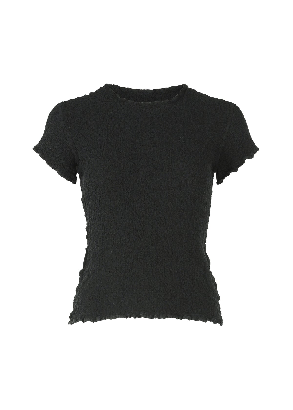 The CAULIFLOWER top by me ISSEY MIYAKE is a black, short-sleeved cotton piece featuring a fitted silhouette, round neckline, and distinctive wavy hem detailing on the sleeves and bottom edge. Its textured finish lends an elevated touch to this versatile design. view 2 of 7