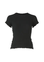 The CAULIFLOWER top by me ISSEY MIYAKE is a black, short-sleeved cotton piece featuring a fitted silhouette, round neckline, and distinctive wavy hem detailing on the sleeves and bottom edge. Its textured finish lends an elevated touch to this versatile design.