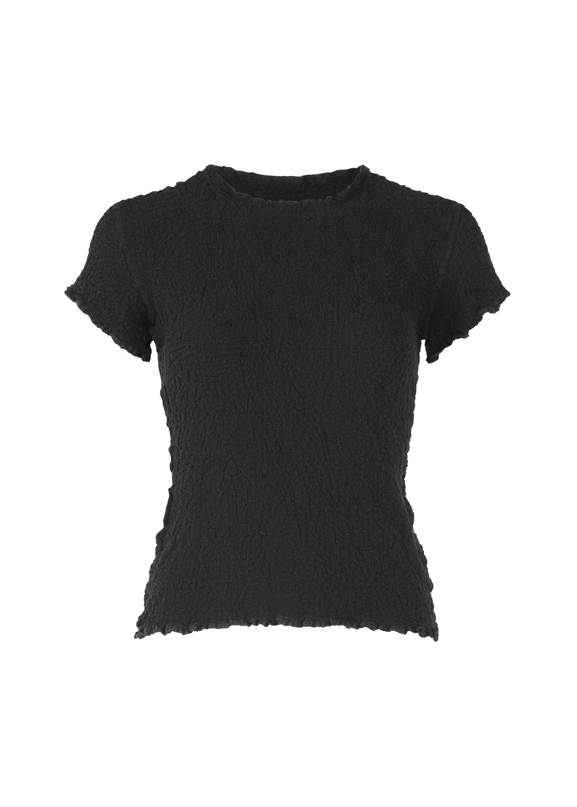 Zoomed view The CAULIFLOWER top by me ISSEY MIYAKE is a black, short-sleeved cotton piece featuring a fitted silhouette, round neckline, and distinctive wavy hem detailing on the sleeves and bottom edge. Its textured finish lends an elevated touch to this versatile design.