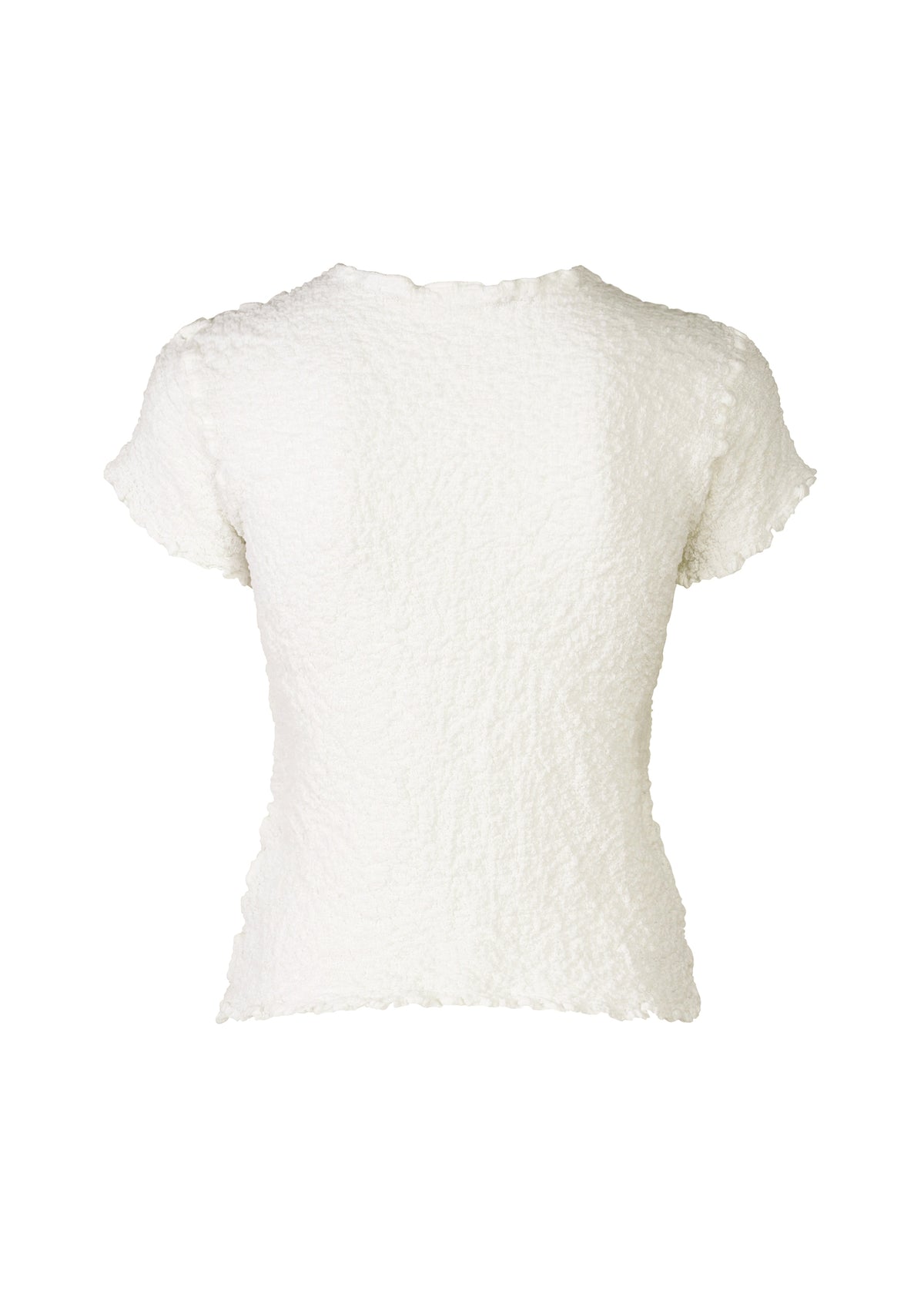 Back view of the CAULIFLOWER top by me ISSEY MIYAKE, a white short-sleeved cotton piece featuring a slightly fitted silhouette and wavy hemline. The soft, crinkled fabric complements its classic round-neck design. view 3 of 7