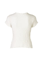 Back view of the CAULIFLOWER top by me ISSEY MIYAKE, a white short-sleeved cotton piece featuring a slightly fitted silhouette and wavy hemline. The soft, crinkled fabric complements its classic round-neck design.