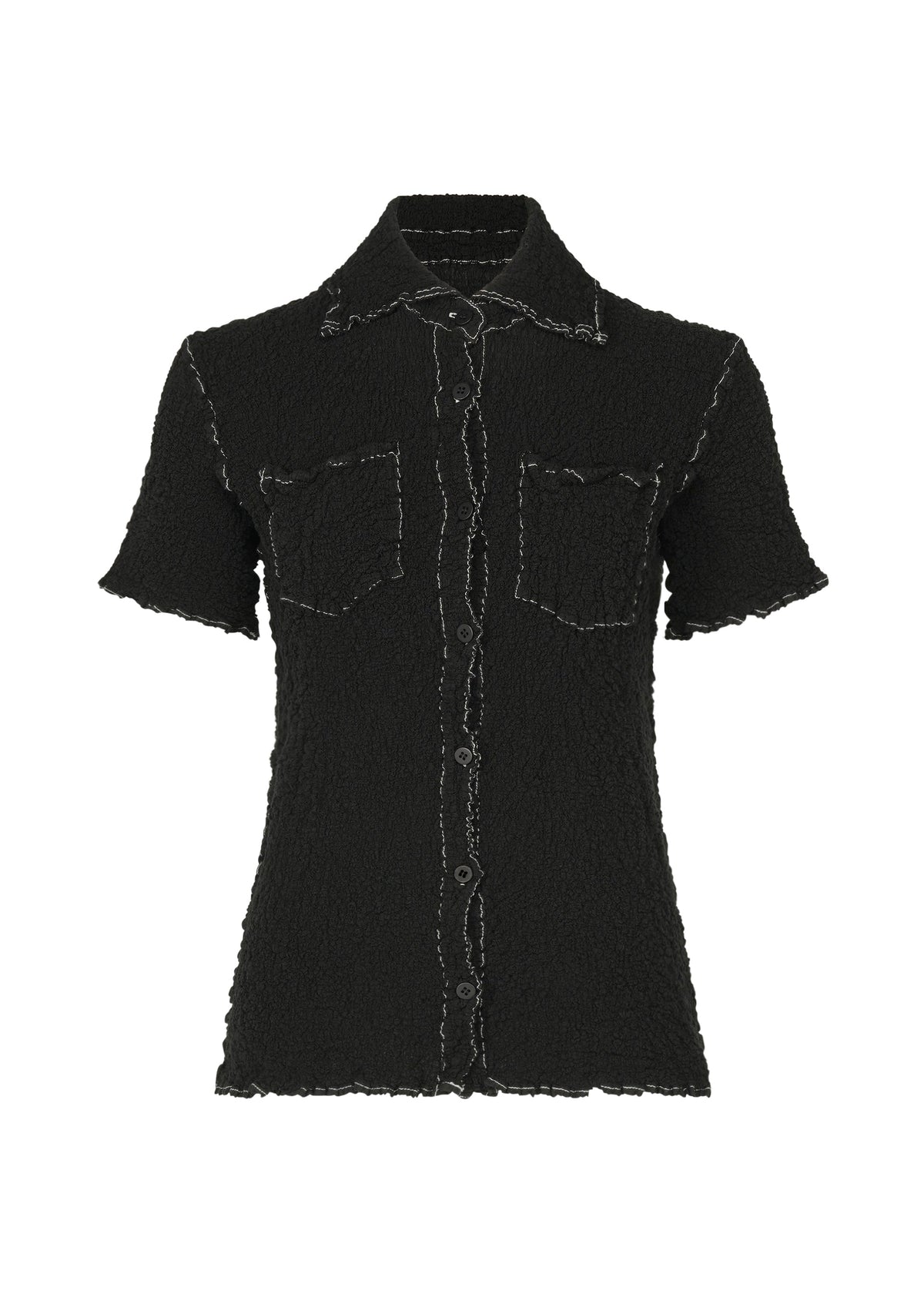 The CAULIFLOWER COLOR 1 by me ISSEY MIYAKE is a black cotton short-sleeved top featuring a collared neckline, two chest pockets, and visible white contrast stitching along the seams, collar, hem, and pocket edges. view 1 of 7