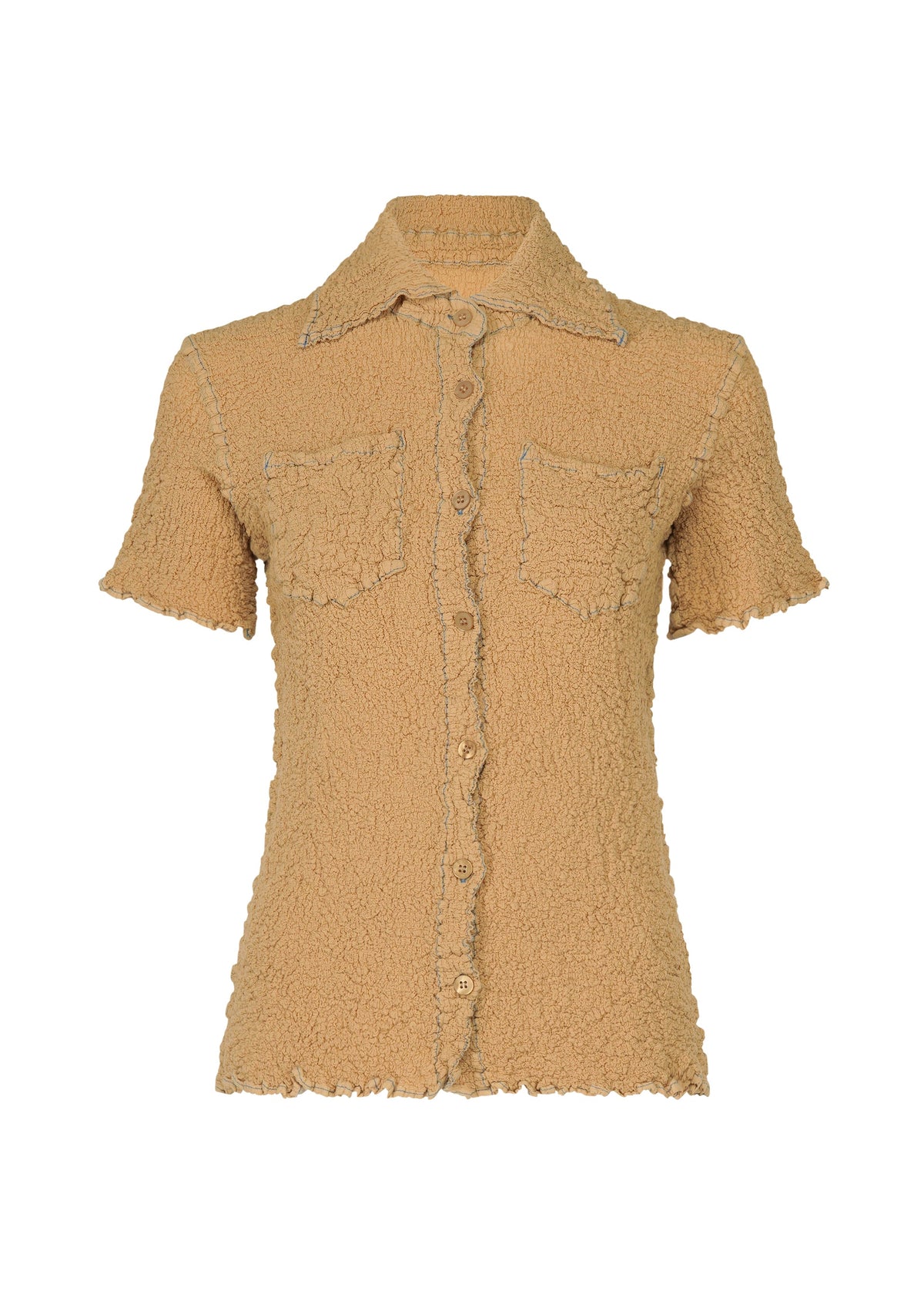 The CAULIFLOWER COLOR 1 top by me ISSEY MIYAKE features a tan, textured, stretchy fabric with short sleeves, two chest pockets, a collar, and subtly frayed edges for a relaxed style. view 2 of 7