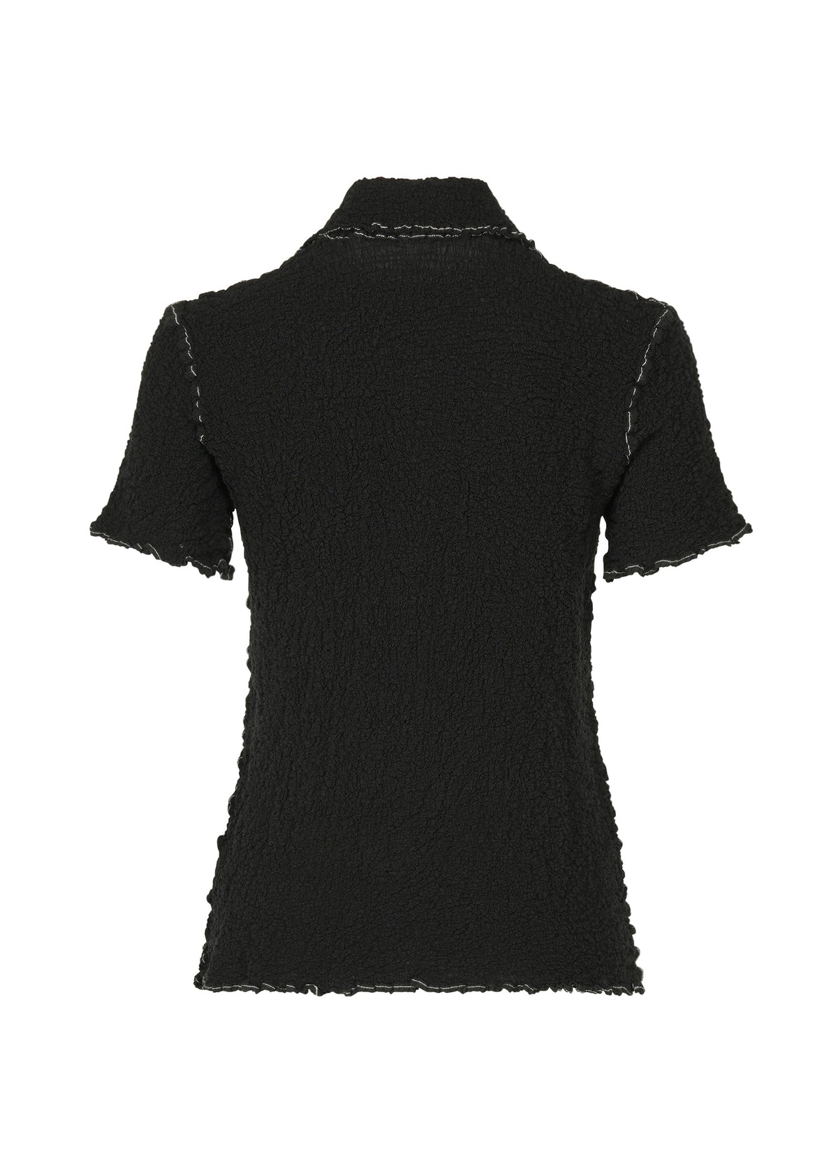Back view of the CAULIFLOWER COLOR 1 black cotton top by me ISSEY MIYAKE, featuring visible seam stitching and a crinkled texture. The short sleeves, hem, and collar tips have light ruffles for added detail. view 4 of 7