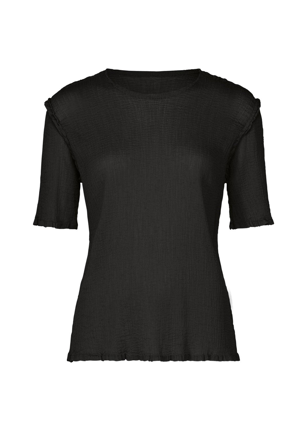 The SEE-THROUGH CREPE COLOR by me ISSEY MIYAKE is a black, short-sleeve women’s top with a crew neck, made from high-twist crepe fabric featuring subtle ruffle edges on the sleeves and hem, shown on a white background. view 1 of 7