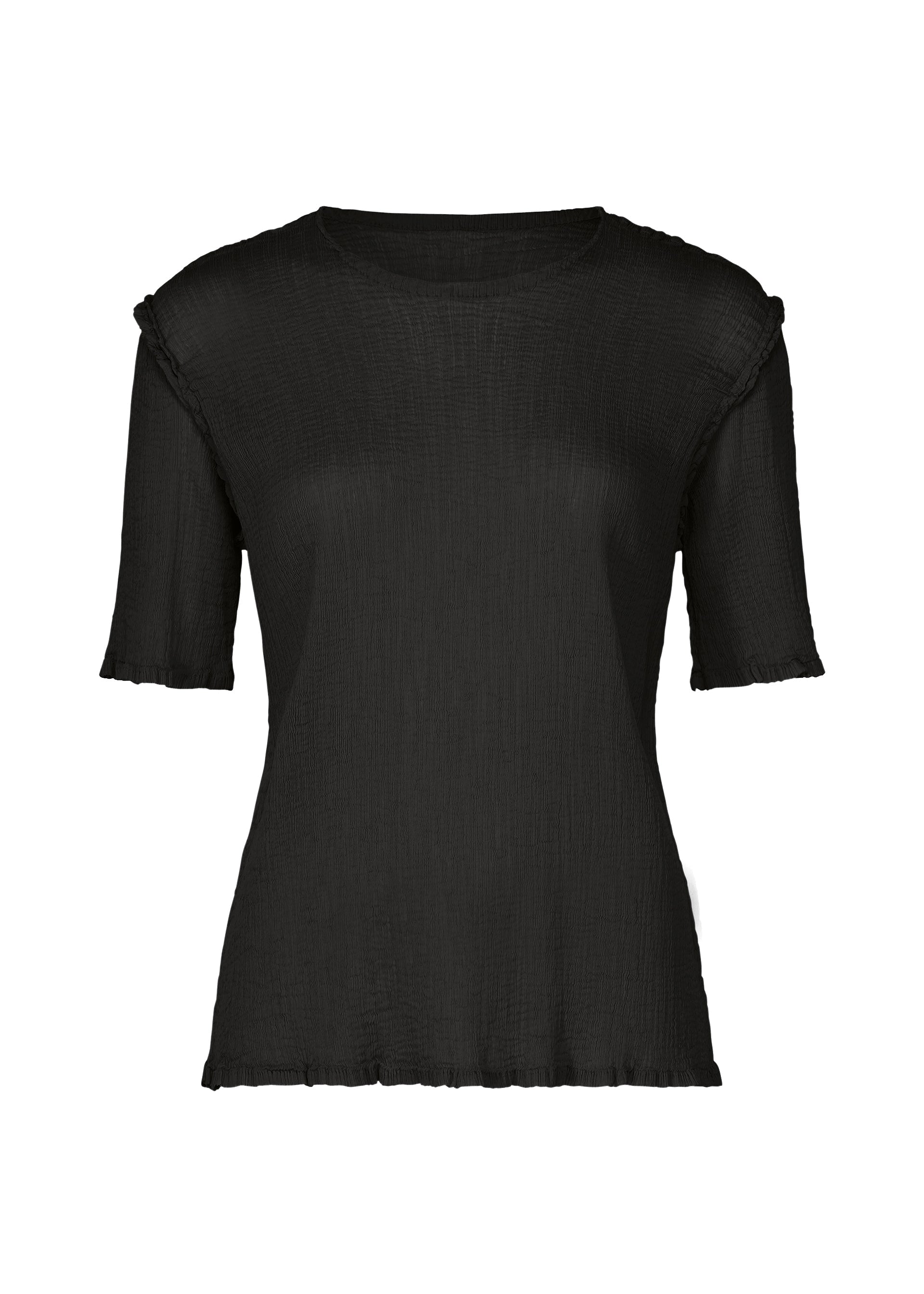Zoomed view The SEE-THROUGH CREPE COLOR by me ISSEY MIYAKE is a black, short-sleeve women’s top with a crew neck, made from high-twist crepe fabric featuring subtle ruffle edges on the sleeves and hem, shown on a white background. - BLACK （no.15）