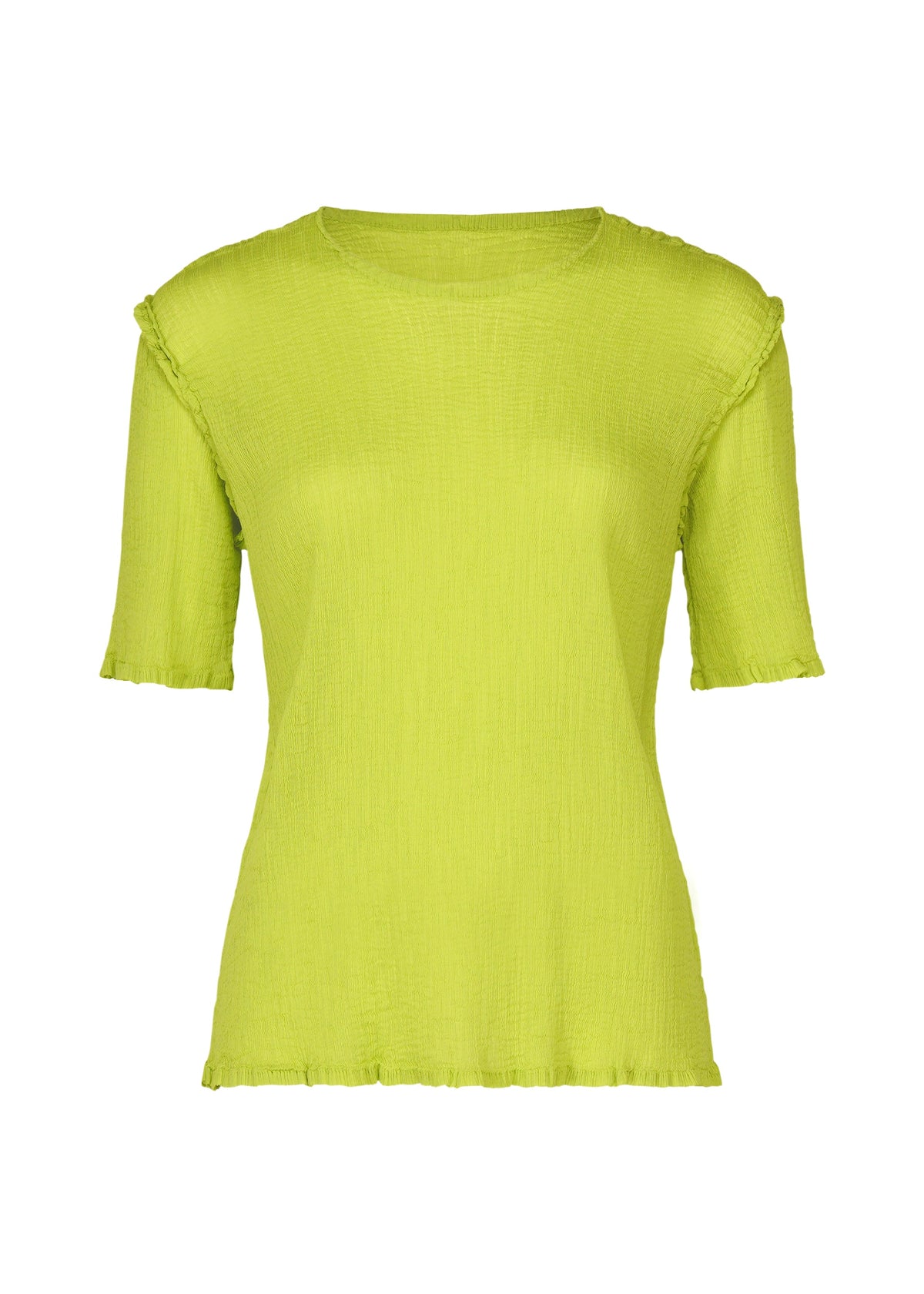 The me ISSEY MIYAKE SEE-THROUGH CREPE COLOR is a lime green women’s short-sleeve blouse with product-dyed, slightly crinkled fabric, a round neck, and subtle ruffle details at the hem and sleeves. view 2 of 7