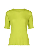 The me ISSEY MIYAKE SEE-THROUGH CREPE COLOR is a lime green women’s short-sleeve blouse with product-dyed, slightly crinkled fabric, a round neck, and subtle ruffle details at the hem and sleeves. - LIME YELLOW （no.51）